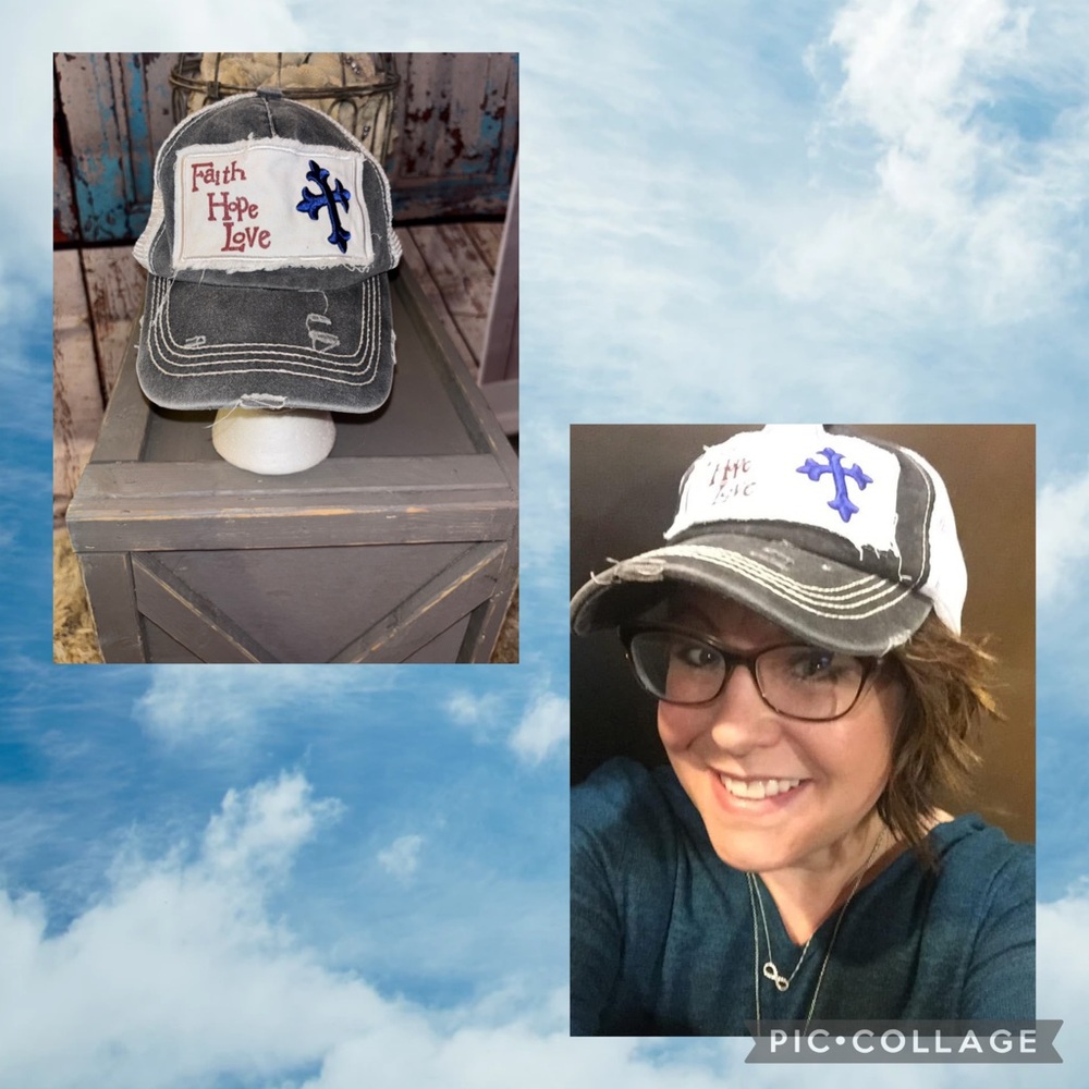 SUNSHINE AND RODEO boutique Distressed Gray Cap with Faith Hope Love Patch